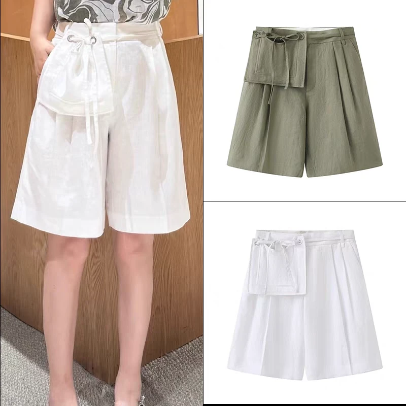 2158原单商场同款抽绳系带亚麻五分休闲裤子直筒短裤女