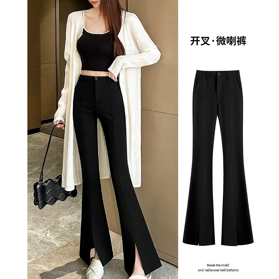 喇叭裤女春夏2025新款高腰显瘦垂感修身黑色西装开叉微喇裤子休闲