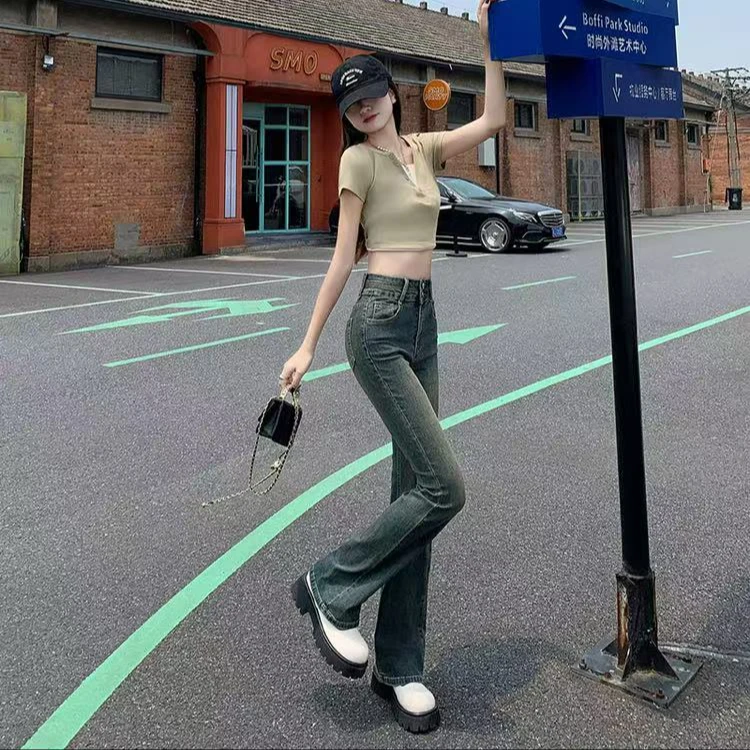 薄款高腰磨毛喇叭裤女春季牛仔裤修身阔腿裤法式显瘦直筒时尚百搭