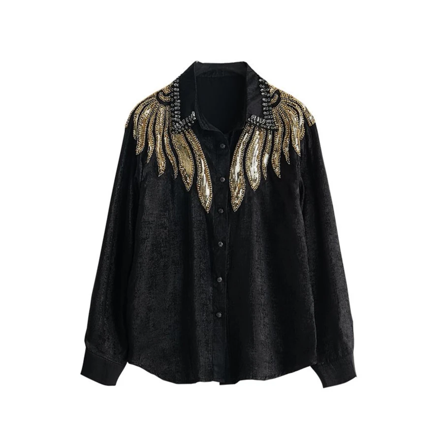 VAZSLVE/原创设计 时尚纯色翻领烫钻图案设计单排扣上衣CS637