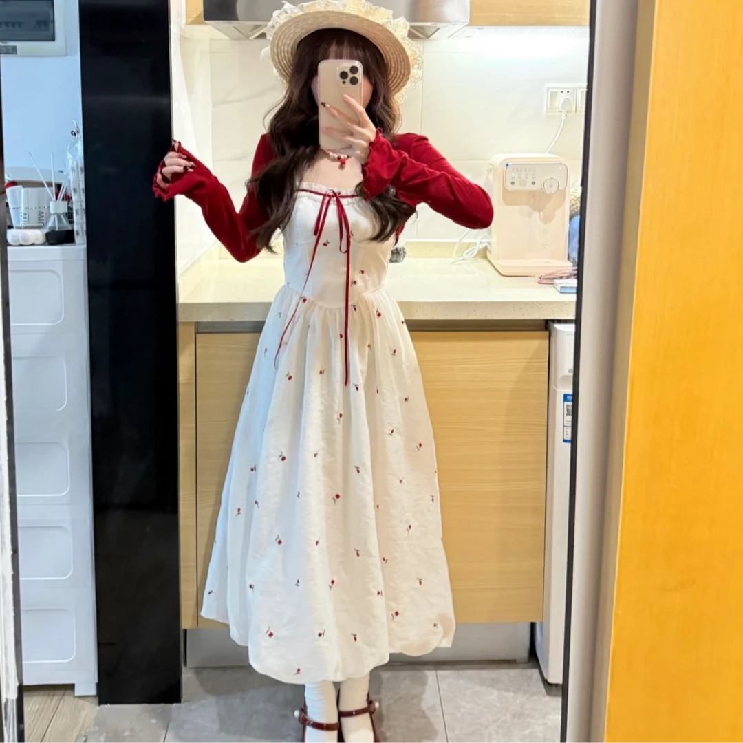 春夏季温柔甜美红色玫瑰小花刺绣吊带碎花连衣裙开衫收腰显瘦套装