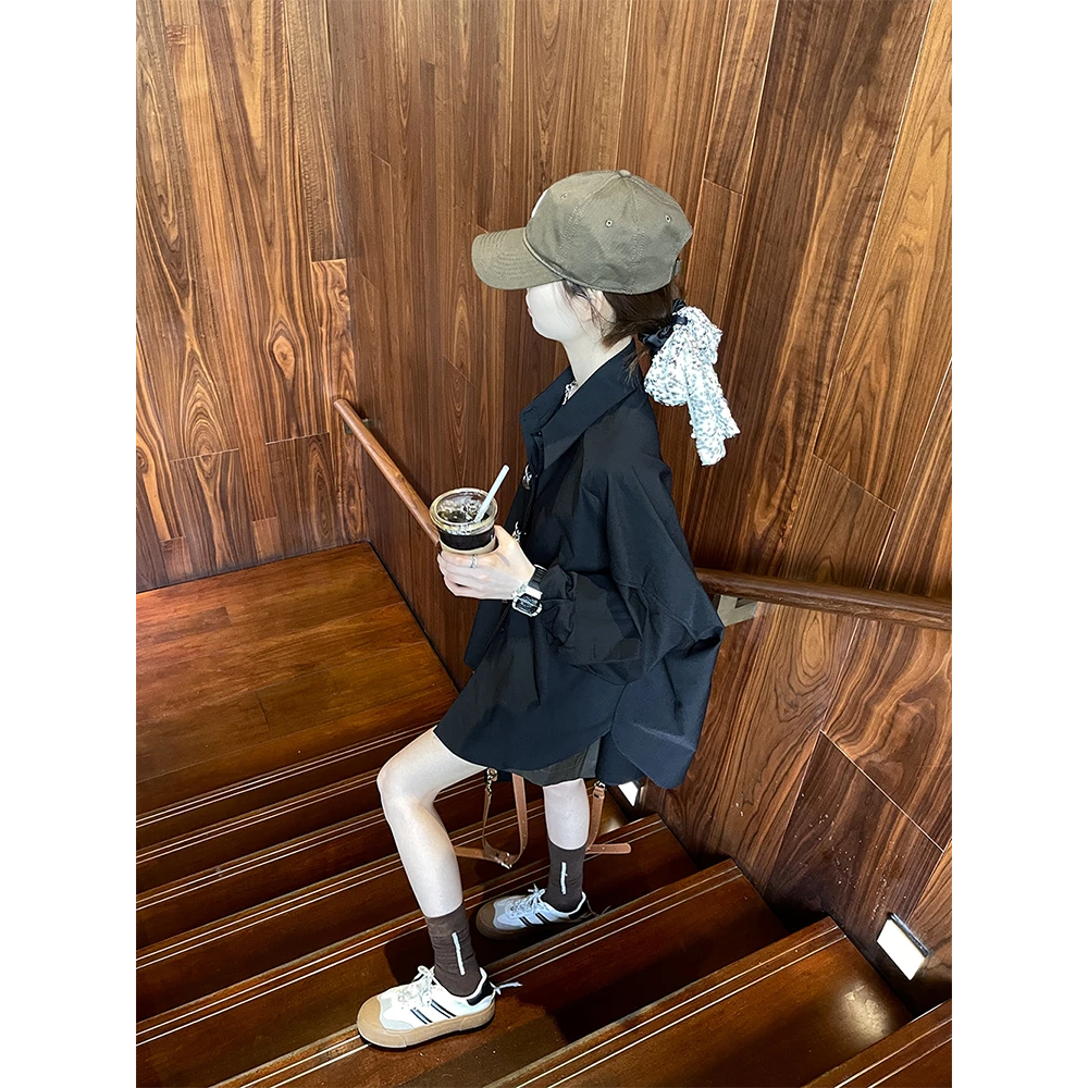 JINYURS 复古机车风暗黑系男女中性款重工金属扣长袖黑色衬衫上衣