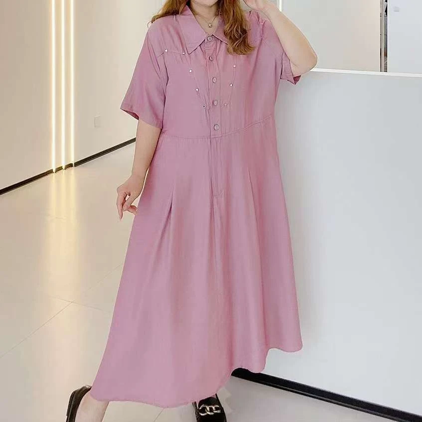 大码女装300斤胖MM时尚气质显瘦修身高级感轻熟短袖连衣裙66320