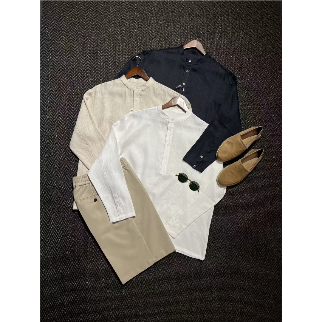 【优雅松弛】夏 L*P亨利领宽松复古100亚麻亲肤老钱风男士长袖衬衫