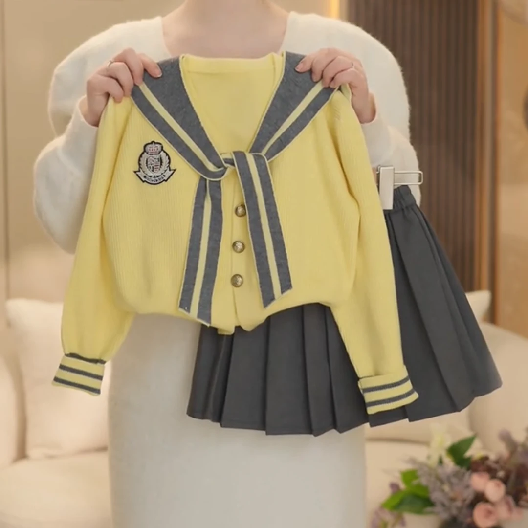 女童2025春季新款洋气时尚学院风披肩毛衣开衫百褶裙套装YY005