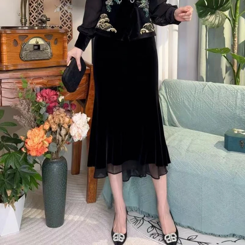 【鎏金岁月鱼尾裙】SUSSI/古色黑色百搭丝绒气质轻奢早秋鱼尾长裙