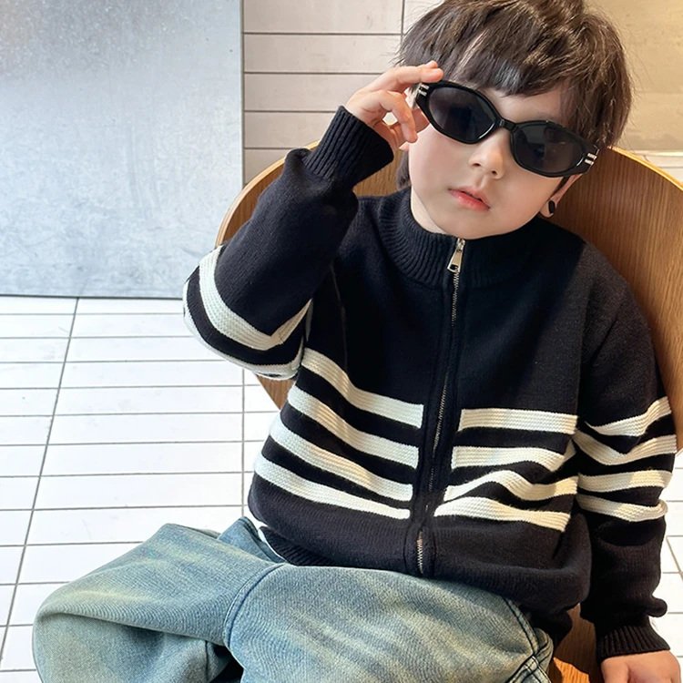 7亲子款】男童开衫毛衣条纹针织衫男童春秋开衫大童韩版洋气休闲款