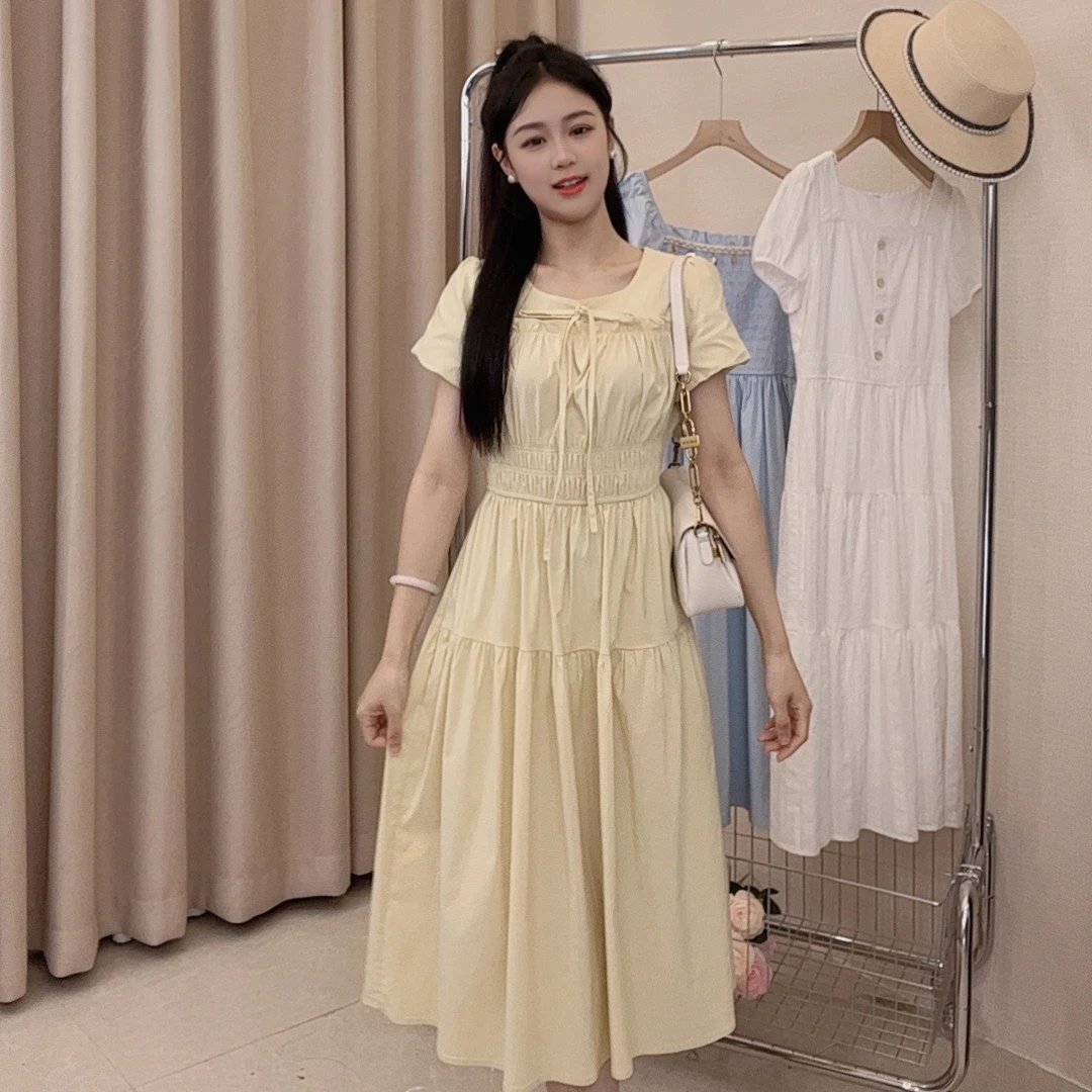 【芊朵 】甜美气质淑女泡泡袖A字裙高腰显瘦温柔风减龄圆领连衣裙