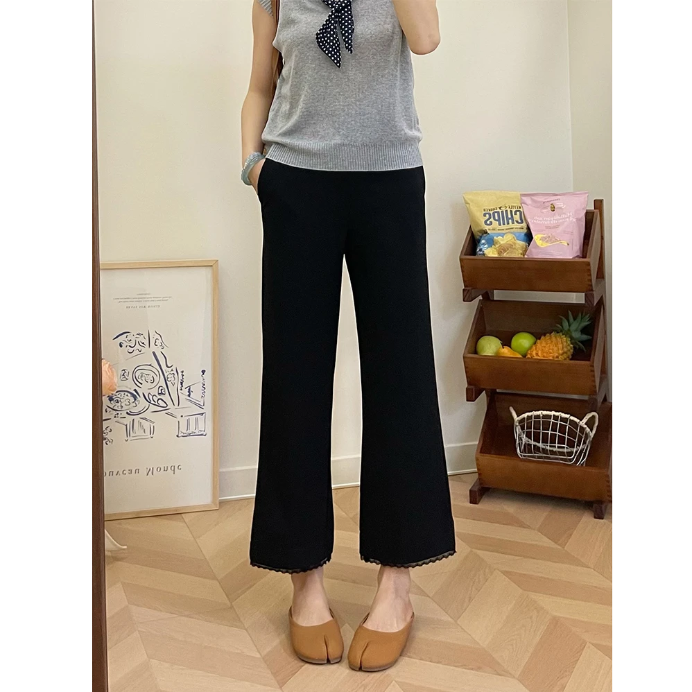 蕾丝边黑色微喇裤女夏季新款大码胖mm显瘦梨型身材弹力九分小黑裤