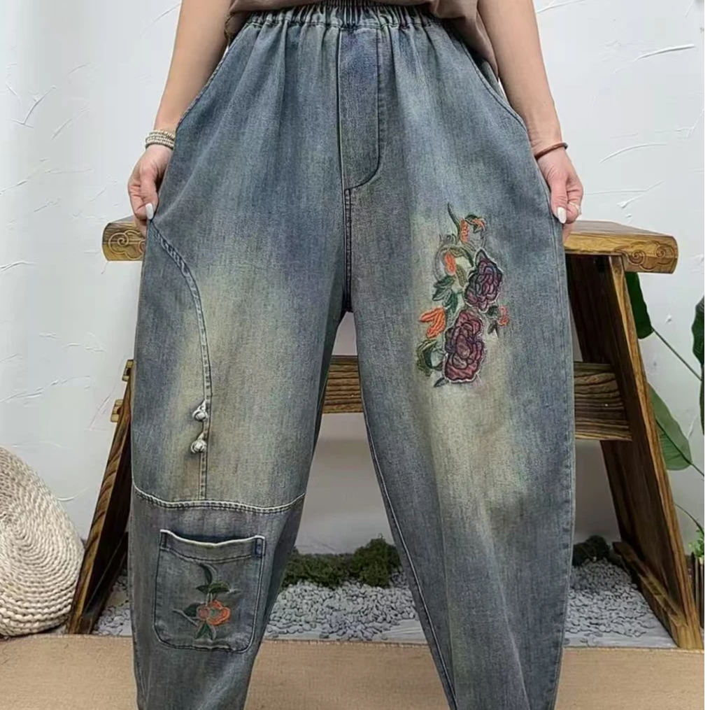新款9213小花贴兜刺绣薄款牛仔裤哈伦九分春夏时尚高腰百搭女士