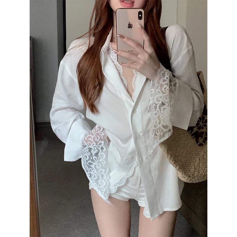 女士气质上衣2025春秋新款气质纯欲V领蕾丝修身内搭宽松长袖衬衫