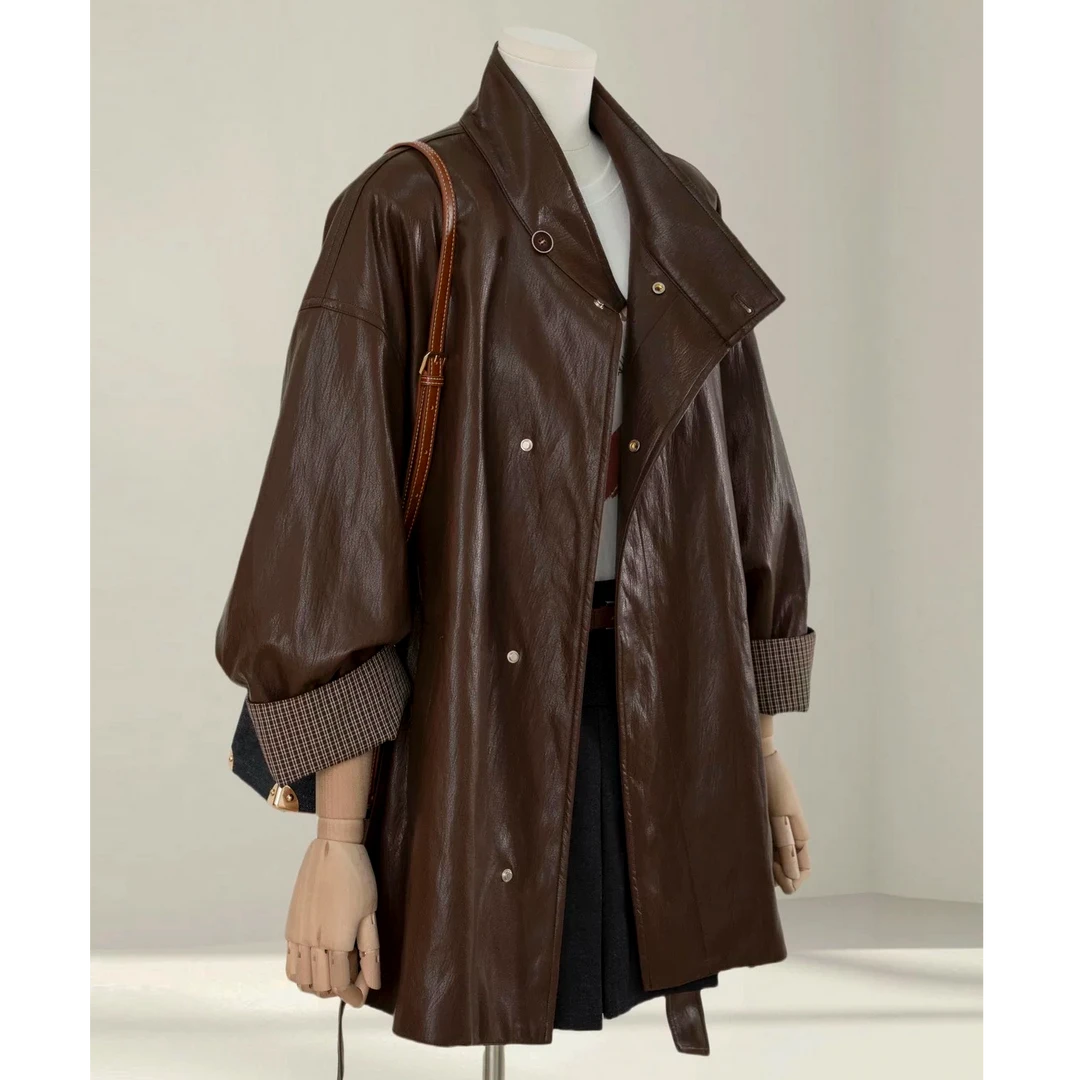 高级感咖啡色皮衣外套女2025春秋季新款爆款宽松显瘦PU皮夹克上衣