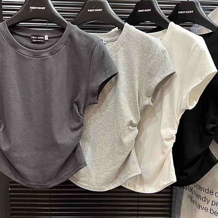 弧形下摆遮肉短袖女2025夏季小众侧边抽褶T恤美式辣妹正肩短上衣