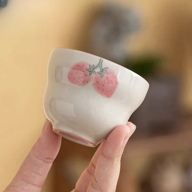 当代 草莓草木灰手绘釉下彩功夫泡茶壶陶瓷茶具福禄杯