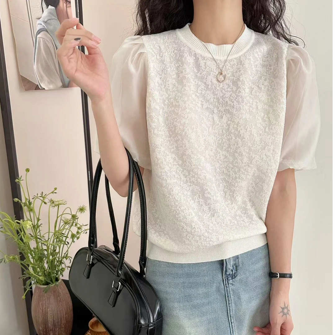 薄款短袖纯色泡泡袖夏季毛针织衫韩版镂空衬衫洋气时
