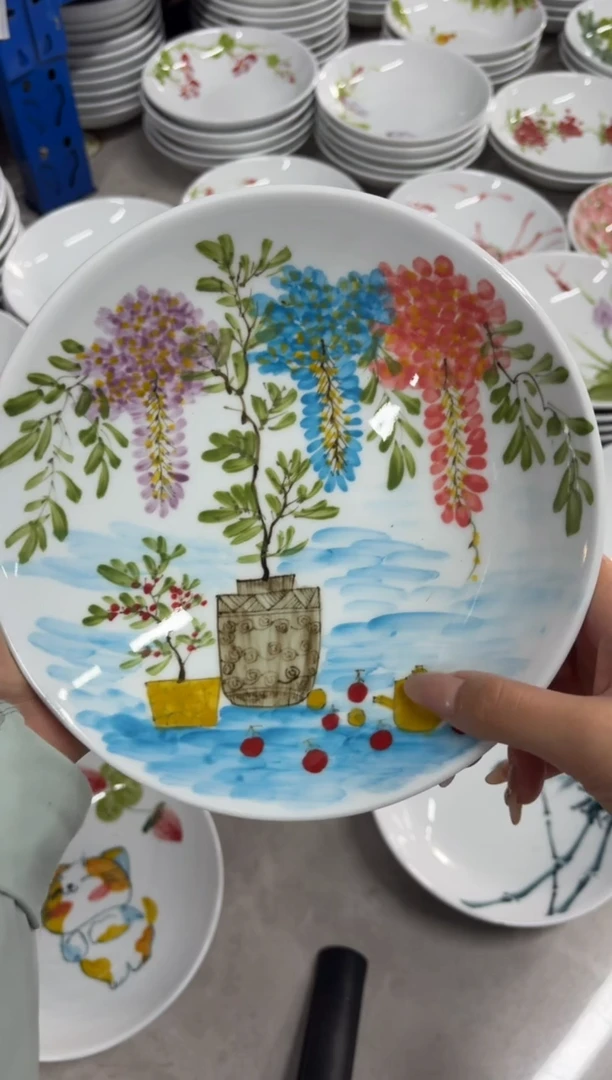 瓷片景德镇高温陶瓷食品级手绘釉中彩-圆深盘