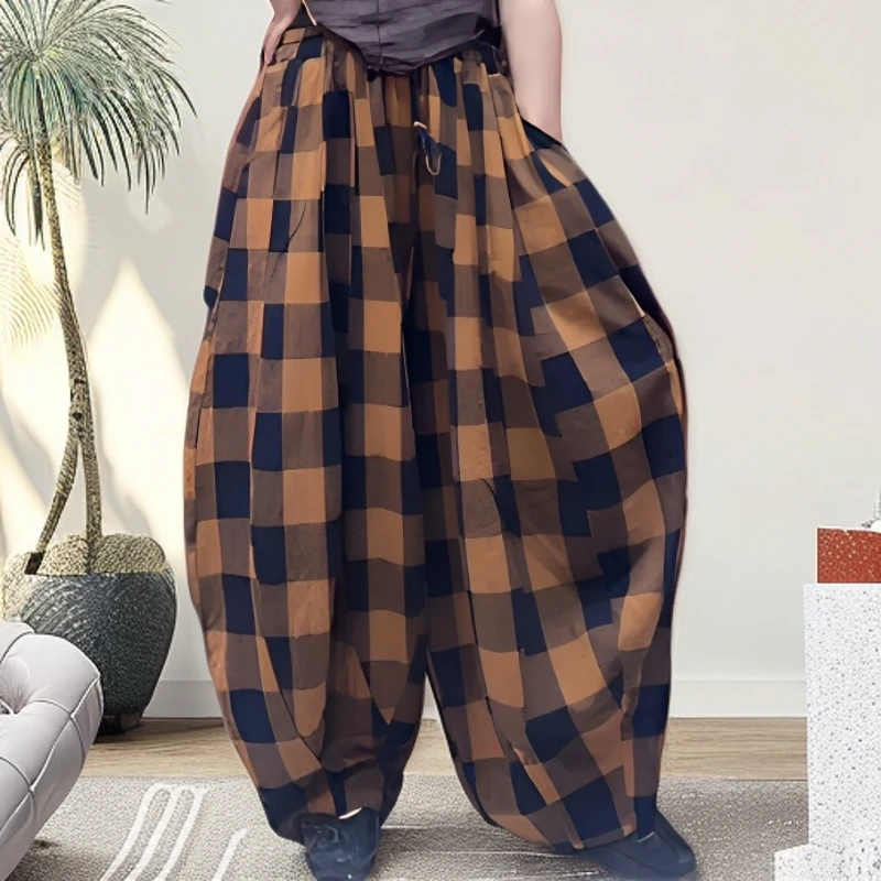 百搭复古秋季阔腿裤百搭休闲长裤20片拼接大格子南瓜裤