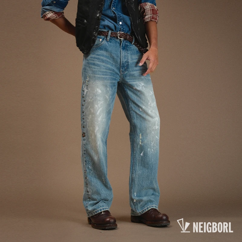 【熊孩子】NEIGBORL钊叔制美式复古水洗泼墨宽松休闲直筒牛仔裤