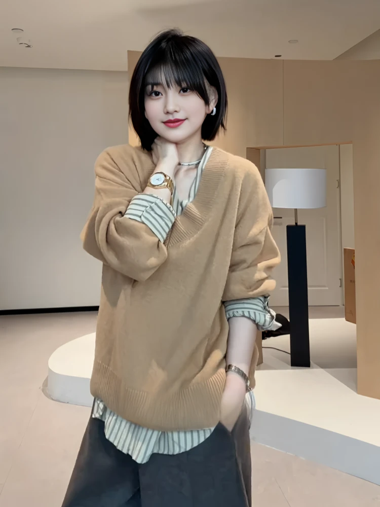 微胖mm慵懒风假两件衬衫v领毛衣秋冬大码宽松高级显瘦针织衫上衣