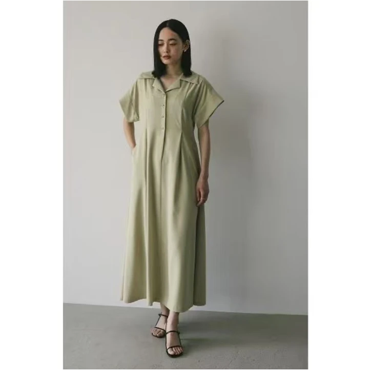 A112 【朵拉外贸】小松本 立体褶间显瘦收腰翻领连衣裙