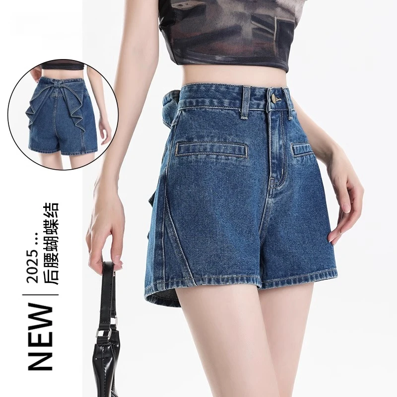 刘亦菲同款蝴蝶结牛仔短裤女夏薄款2025新款高腰a字辣妹阔腿热裤