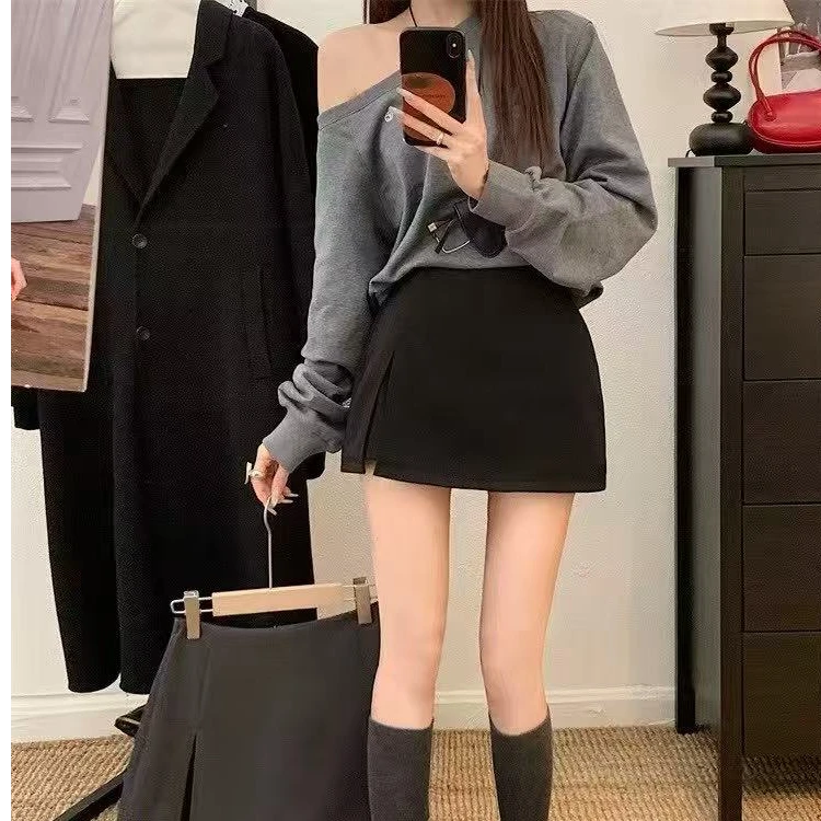 6016A字半身裙显瘦裙子不起球低腰时尚短裙高腰纯色包臀打底