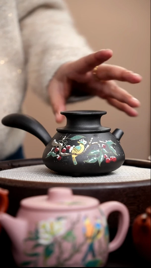 茶壶紫砂云雾天青侧把公道壶泥绘绿鸟