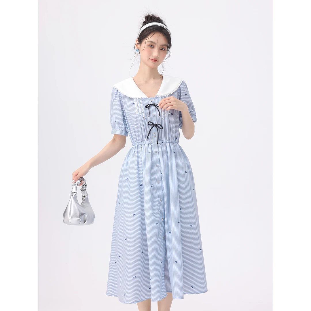爱蔷薇大码甜美少女感海军领连衣裙夏季女条纹衬衫裙收腰GT76271
