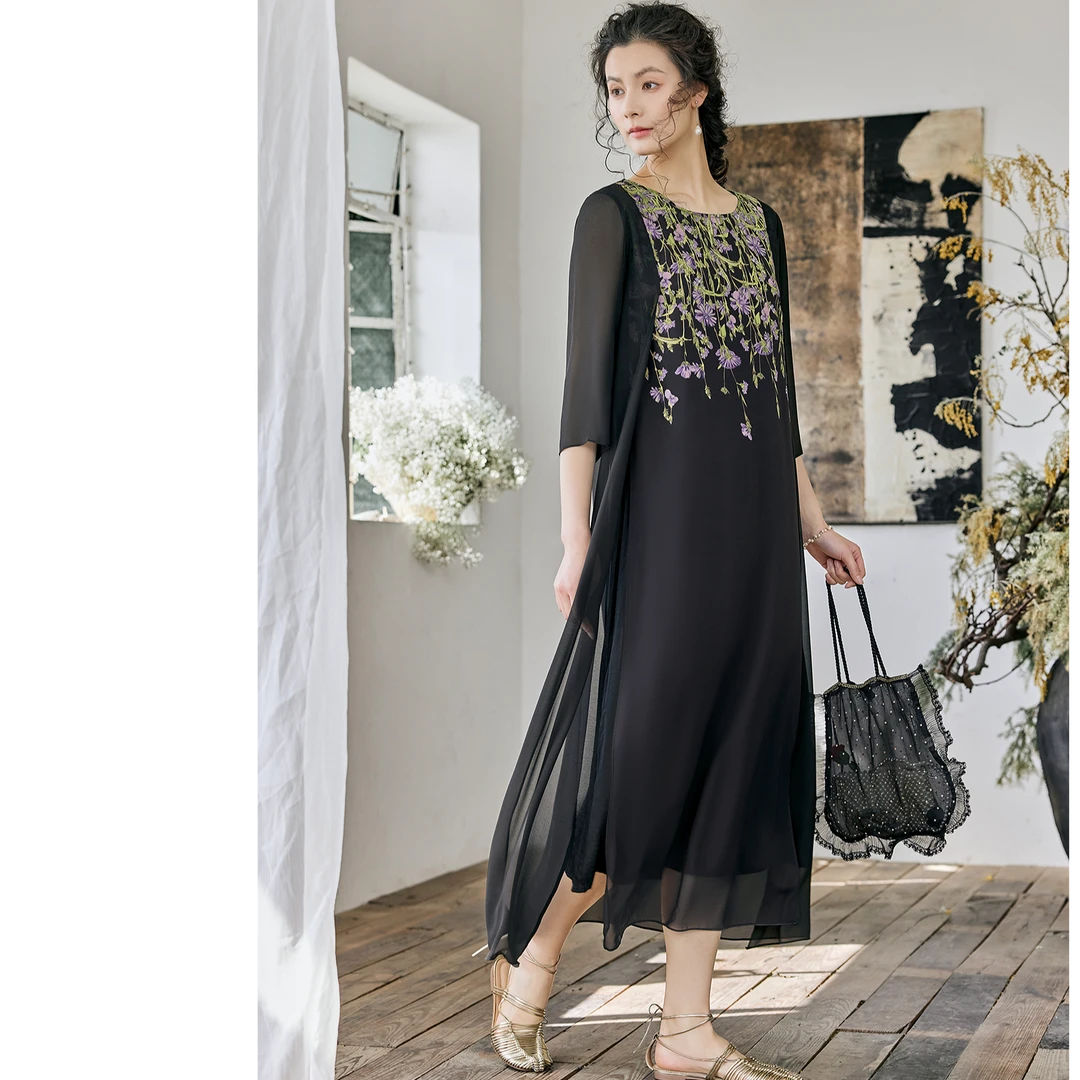 生活在左七分袖A字裙2025春季优雅印花拼飞片连衣裙女1951218