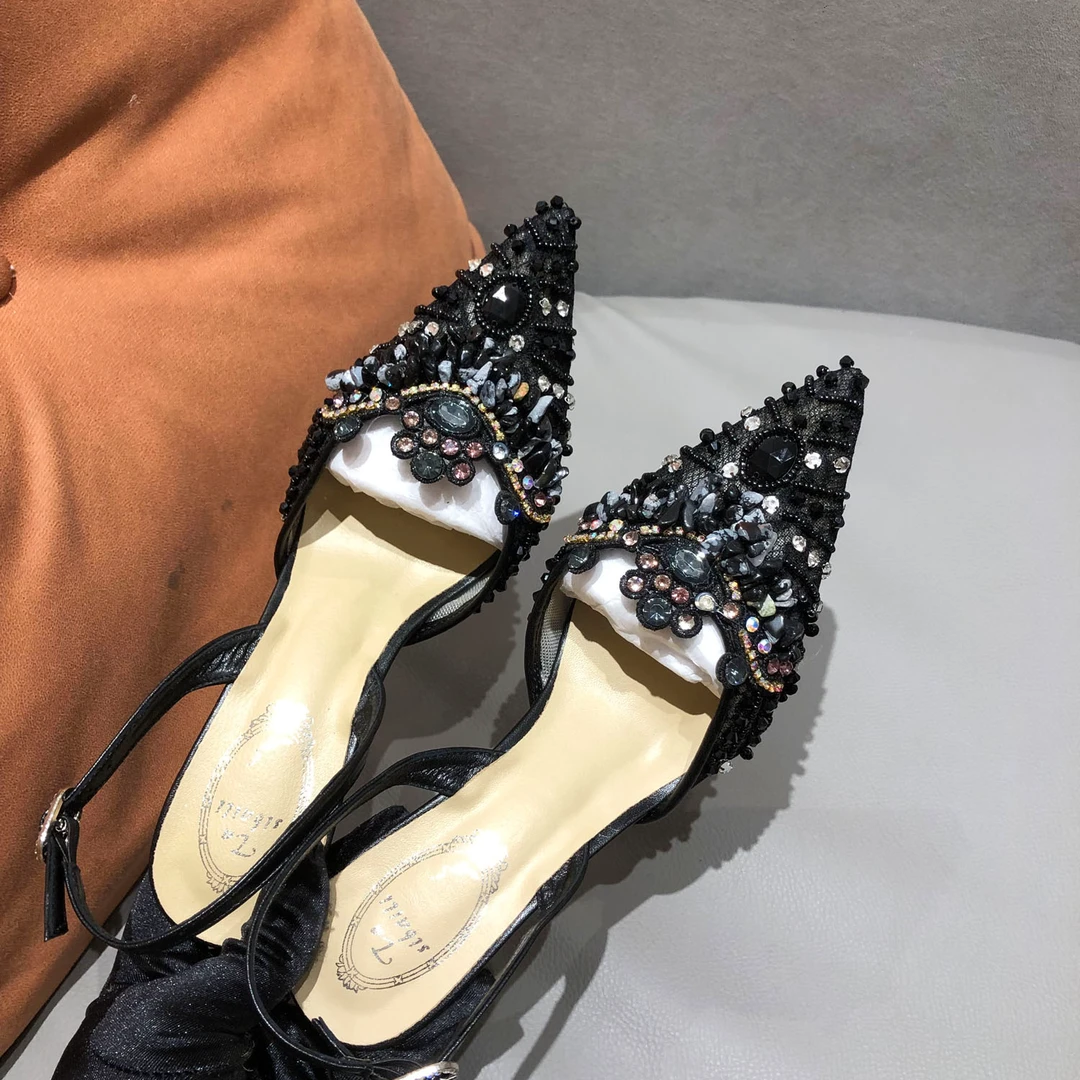 法式碎钻黑色高级感凉鞋女2025春季新款细跟尖头高跟鞋凉鞋时尚