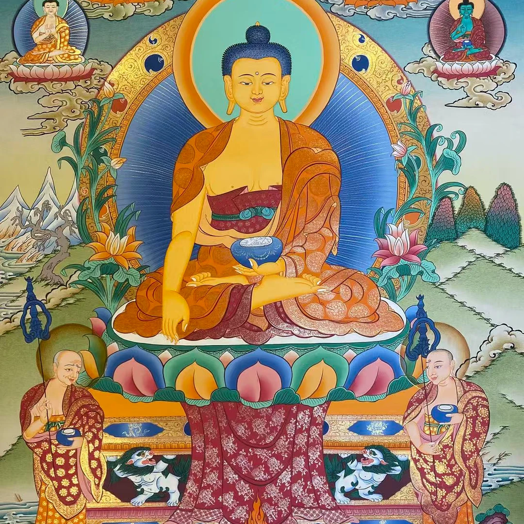 精品彩唐纯手绘唐卡挂画多尊释迦摩尼阿难迦叶五方佛尺寸75*50