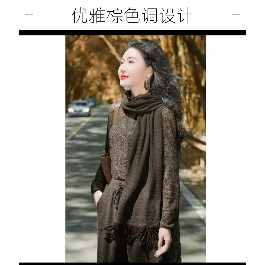 H24680秋冬新款打底毛衣时尚百搭女士棕色羊绒连帽保暖优雅