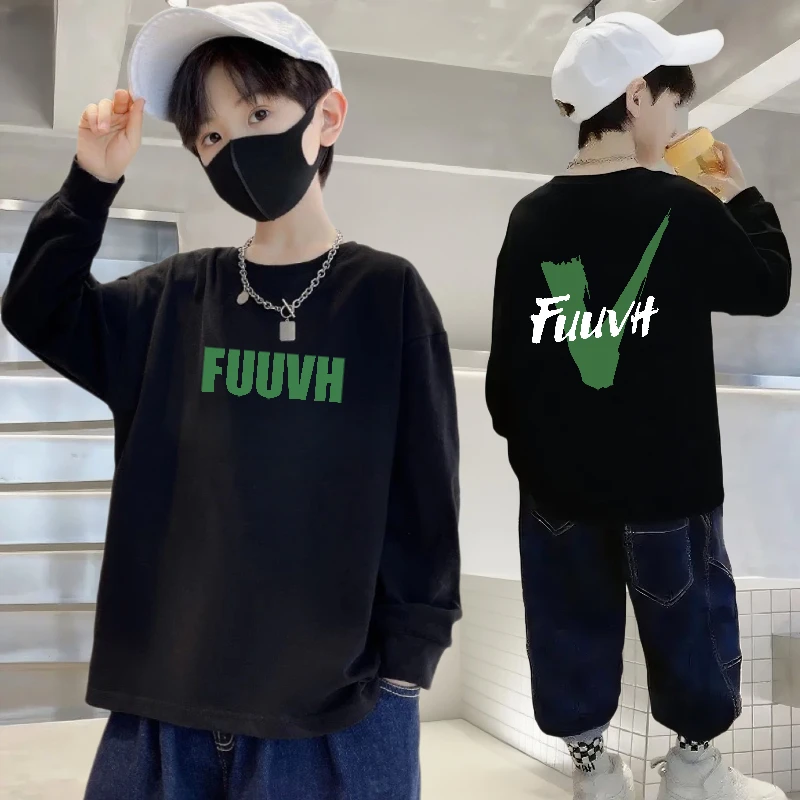 100%纯棉春季男童T恤中大童纯棉长袖秋季宽松圆领男孩酷帅打底衫