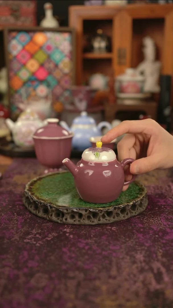 摩吉陶陶闪拍链接 紫色手绘茶壶