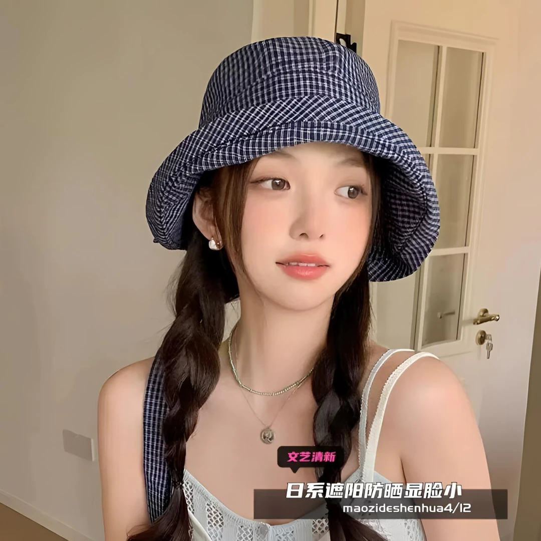 【渔夫帽】日系格子遮阳帽春夏户外时尚防晒透气盆帽大帽檐百搭休闲