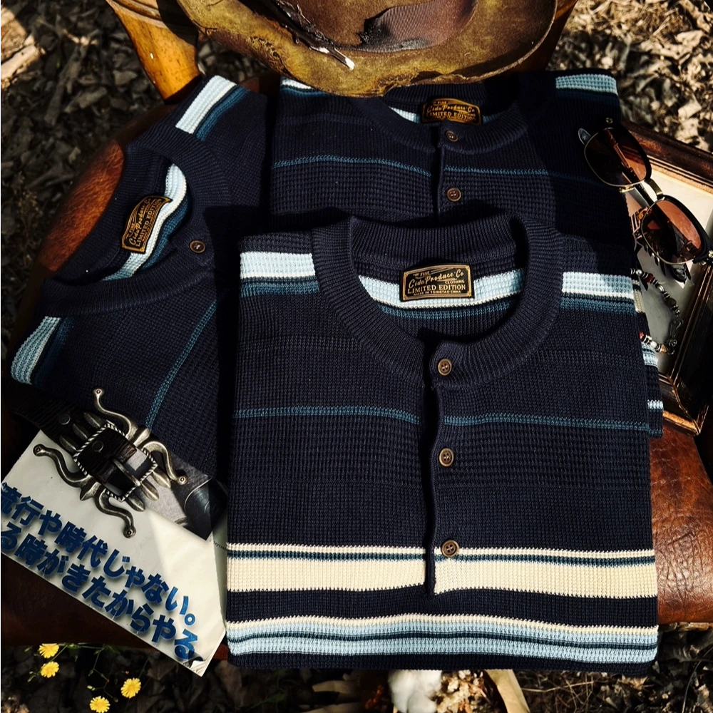 CIDU/刺度50%天丝针织亨利领美式复古条纹短袖T恤