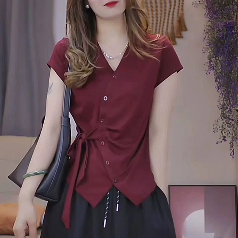 夏季法式设计感交叉V领系带短袖T恤女士时尚洋气小衫休闲显瘦上衣