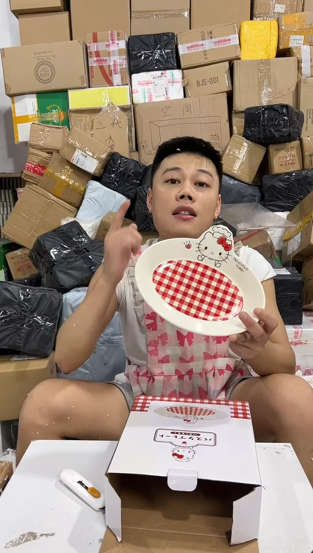 瓷片原盒kt猫红格子餐盘