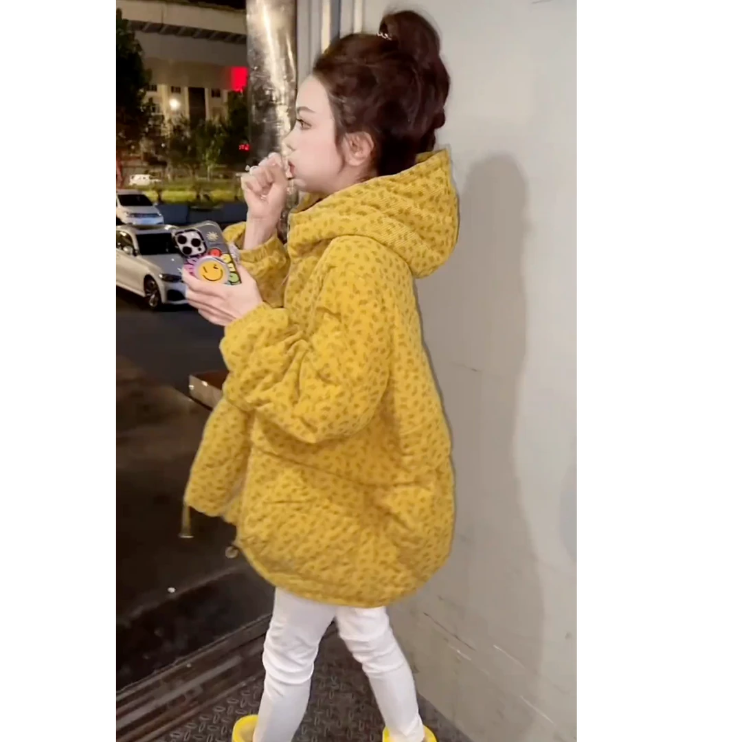 2025年冬季新款女时尚宽松连帽保暖碎花棉服外套显瘦裤子两件套