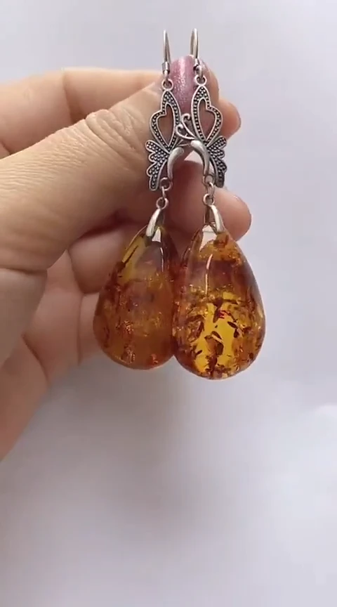 【闪购商品】琥珀裸石银S925镶嵌花珀耳坠