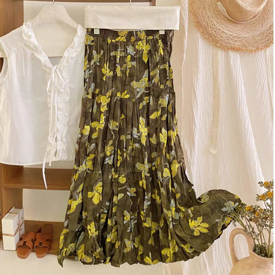 2025年秋季新款垂感雪纺中长款半身裙复古高腰减龄褶皱蛋糕女伞裙