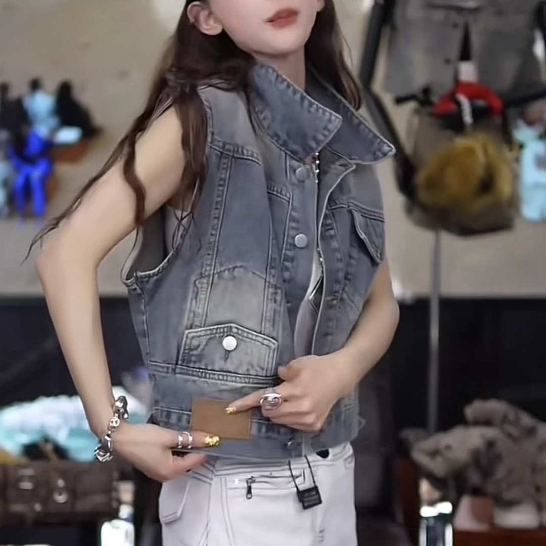 欧洲站复古港风牛仔马甲025夏新款洋气百搭显瘦马甲