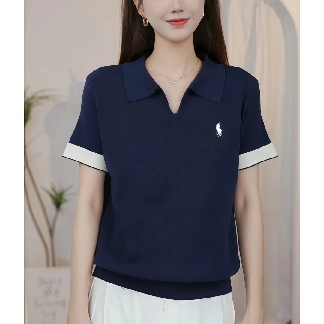 拼色短袖针织衫T恤女2025夏季新款刺绣战马翻领时尚洋气上衣小衫