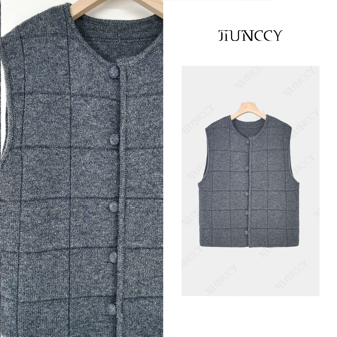 JIUNCCY【宝格】100美丽诺绵羊毛双层立体格纹休闲针织马甲52YMJ029