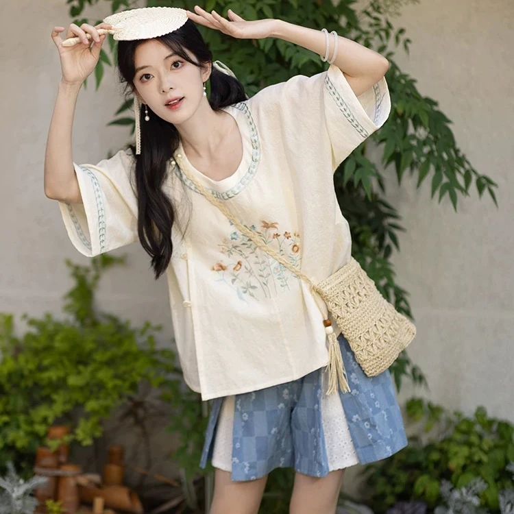 池夏【花间事:一杯凉白开】汉元素改良绣花圆领衫短裤原创汉服 夏