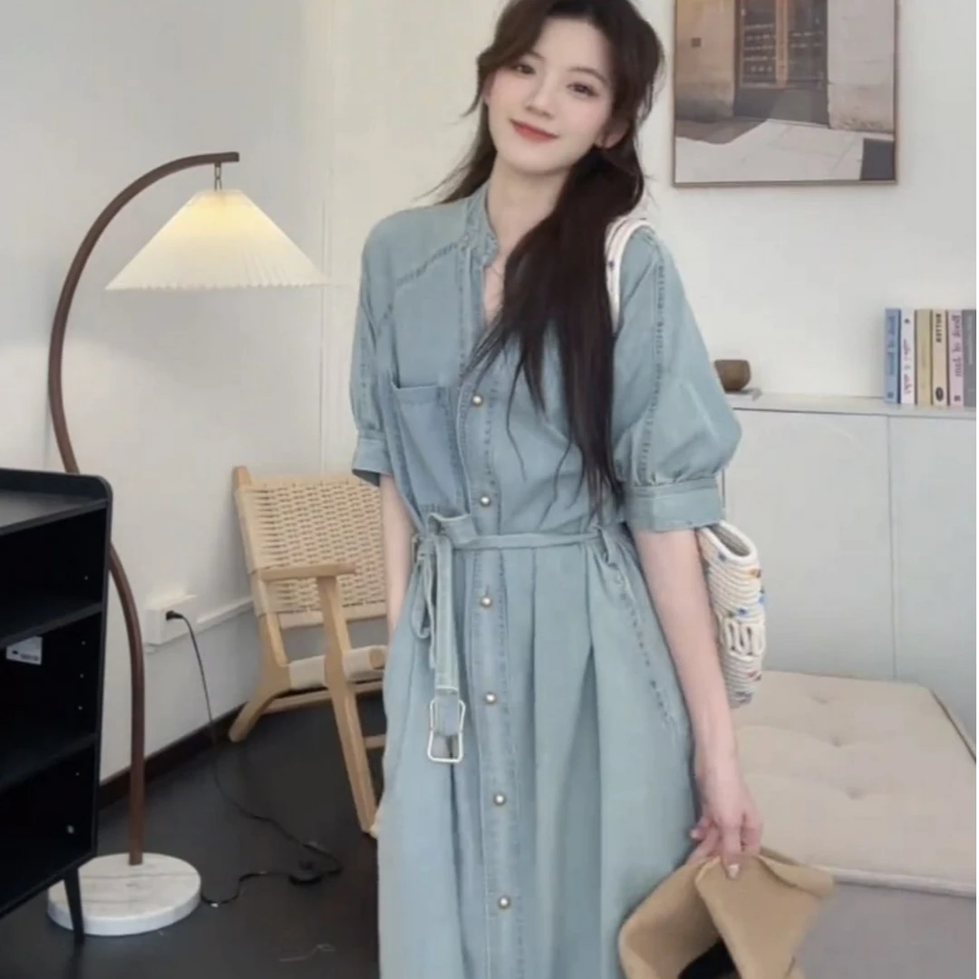欧货时尚复古牛仔连衣裙女夏季小个子绑带宽松腰显瘦减龄遮肉长裙