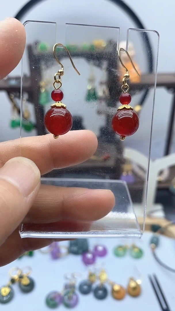 南红玛瑙14K金镶嵌耳饰77