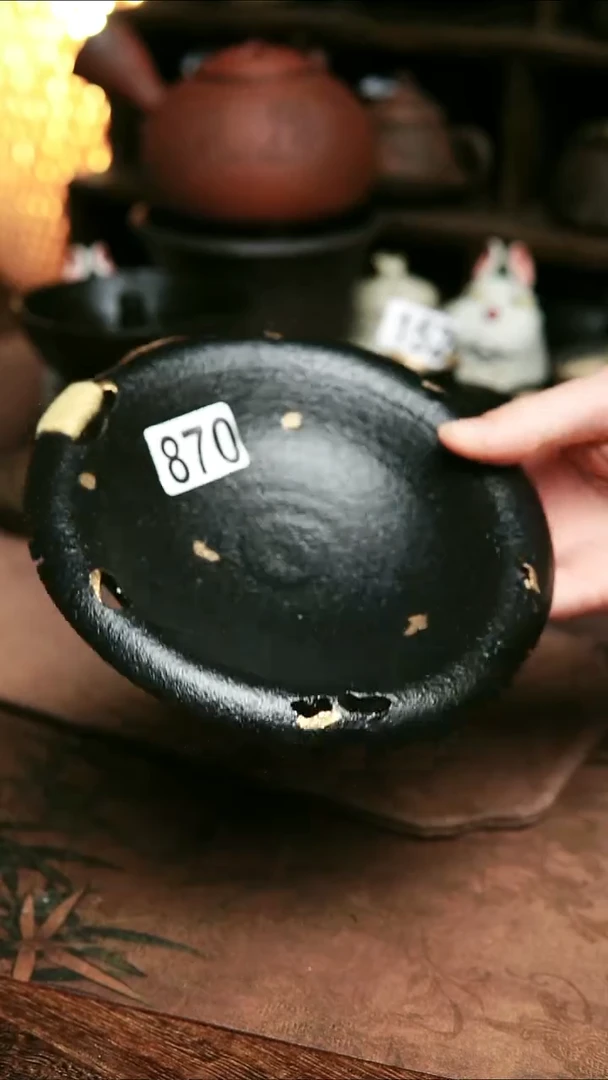 870号紫砂全手工黑金镂空壶承