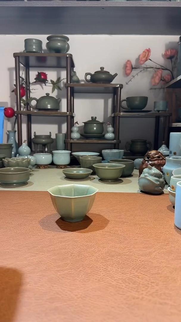 杯子瓷纯柴烧 八方杯 主人杯品茗杯 口径8cm 青绿釉