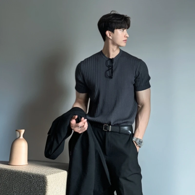 简约风纯色短袖宽松潮流韩版男士港风ins复古针织T恤夏季休闲上衣